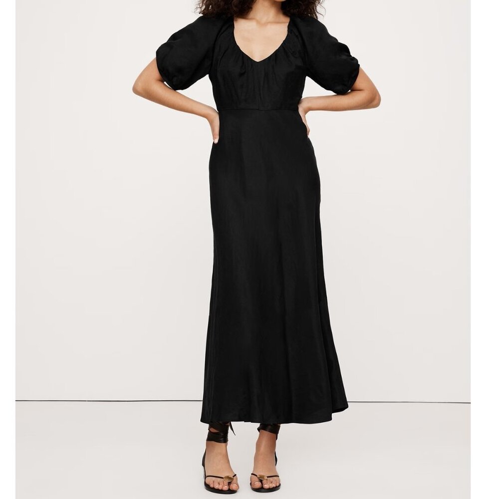 NWT Banana Republic Black Viscose-Linen Blend Tie-Back Midi Resort Dress 6